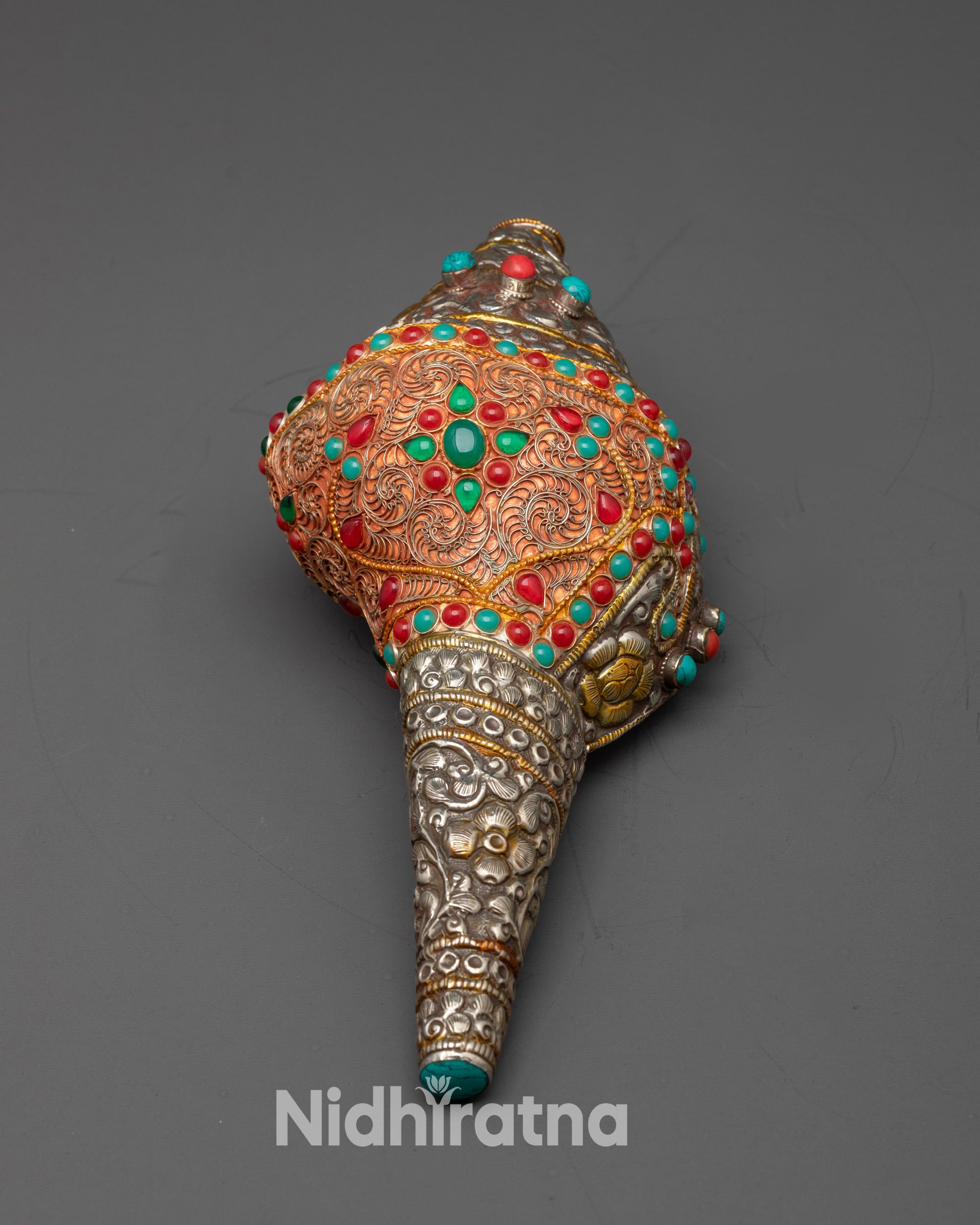 Tibetan Conch Shell with gold and silver-plated filigree handcrafted by Newari artisans