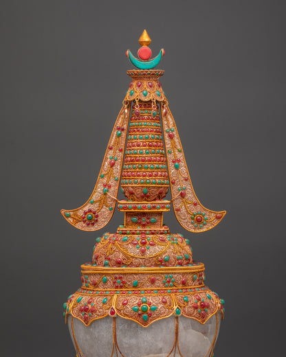 Tibetan Copper Stupa Adorned with Emerald Ruby and Turquoise Stones