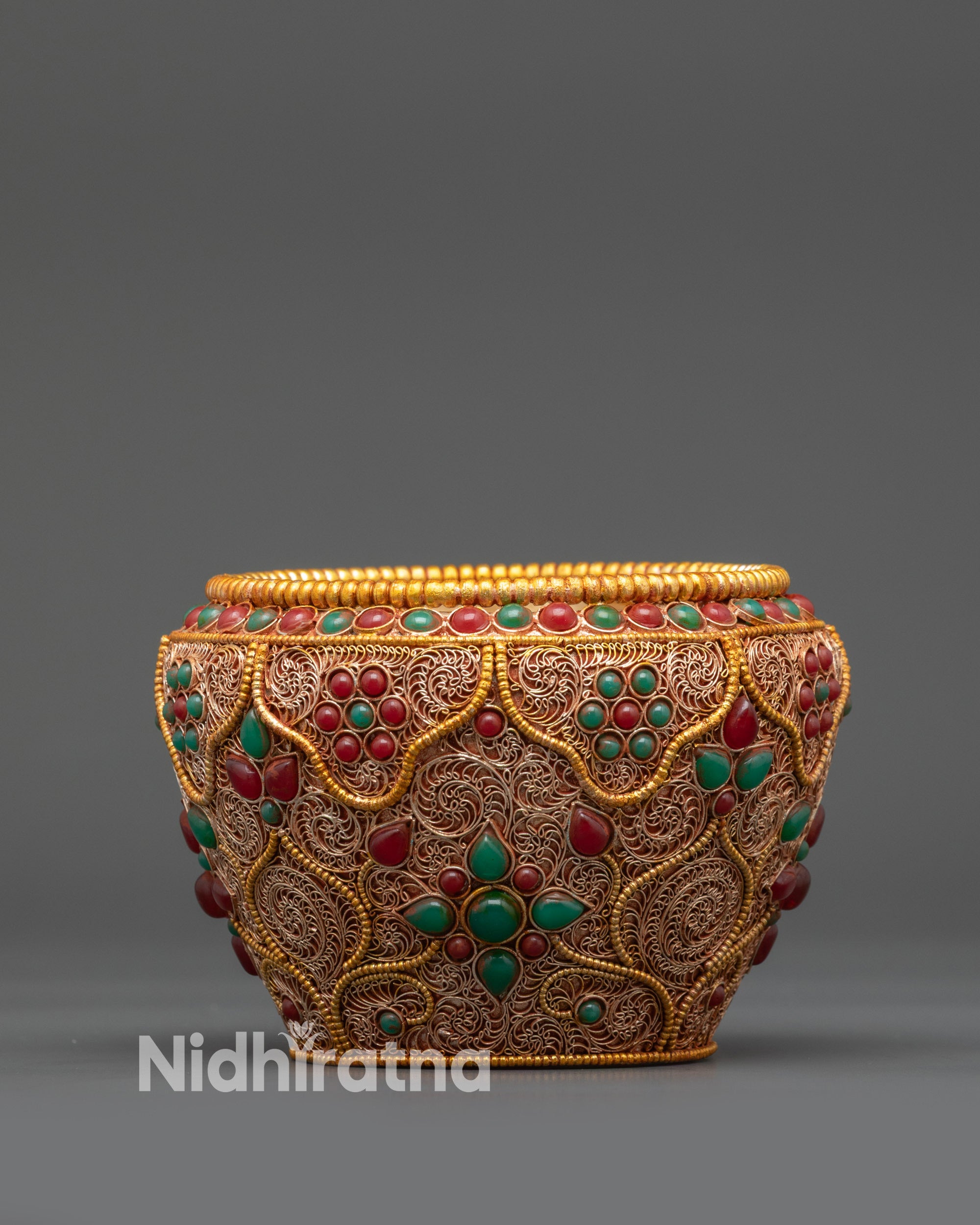 Tibetan Crockpot gold-plated ritual vessel with emerald and coral stones Nepal