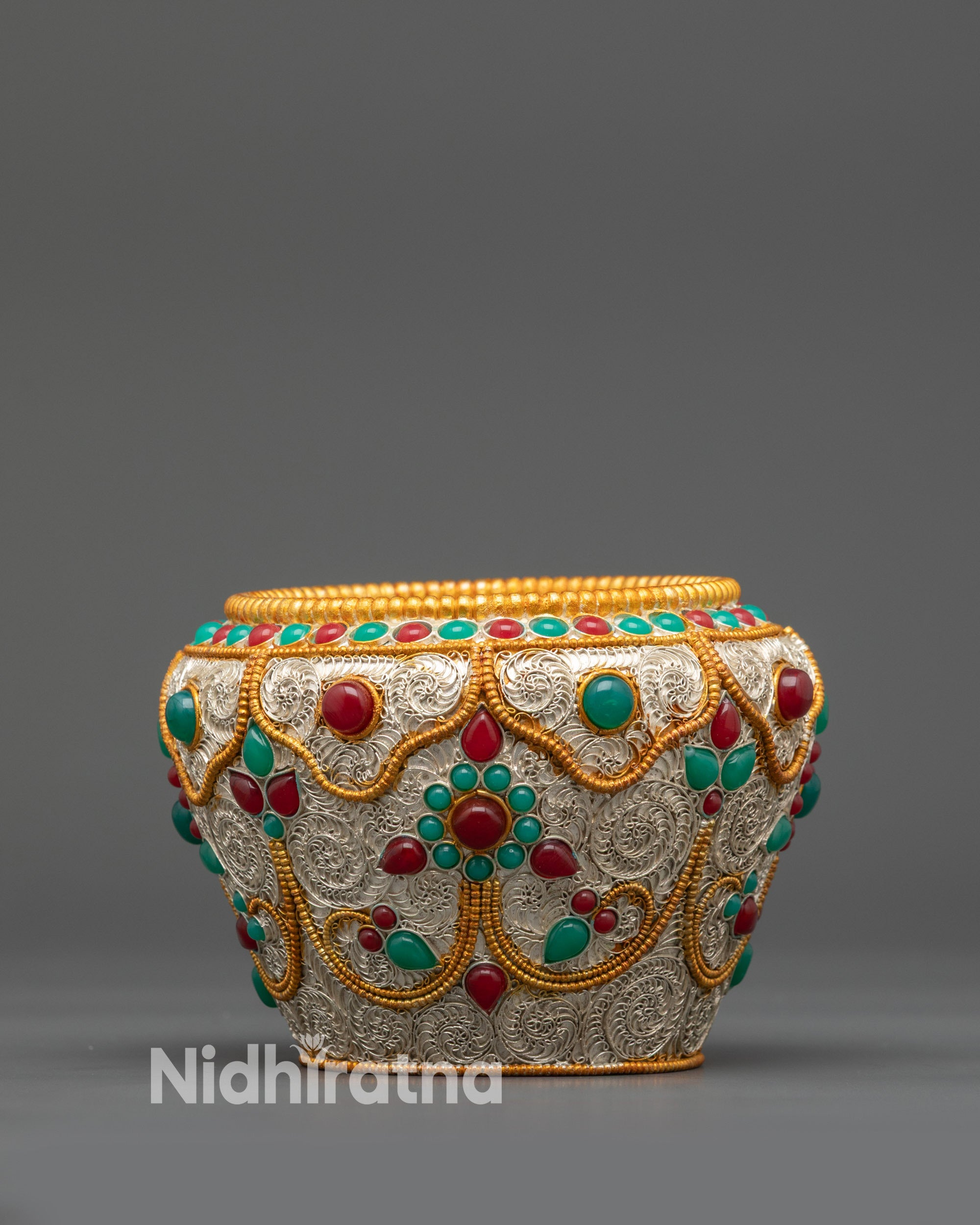 Tibetan Crockpot handcrafted by Newari artisans with gold-plated filigree design