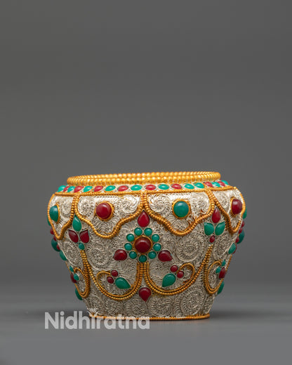 Tibetan Crockpot handcrafted by Newari artisans with gold-plated filigree design