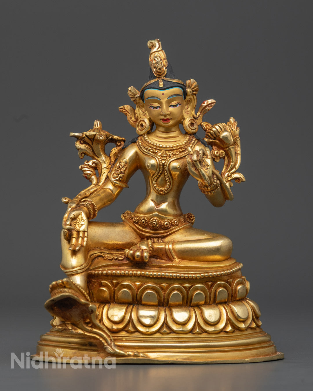 Tibetan Green Tara Statue | 24K Gold Copper Sculpture