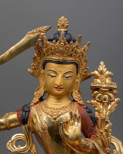 Tibetan Manjushri Bodhisattva Statue seated on lotus throne with wisdom sword and sacred scripture