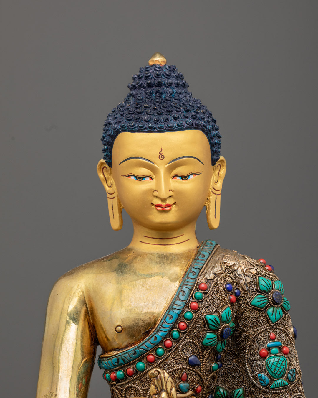 Tibetan Medicine Buddha Sculpture Adorned with Turquoise, Coral, and Lapis Lazuli