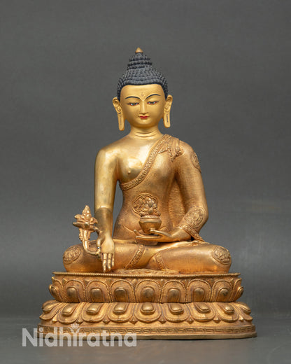 Tibetan Medicine Buddha statue for home altar, handcrafted Nepalese copper with gold gilding