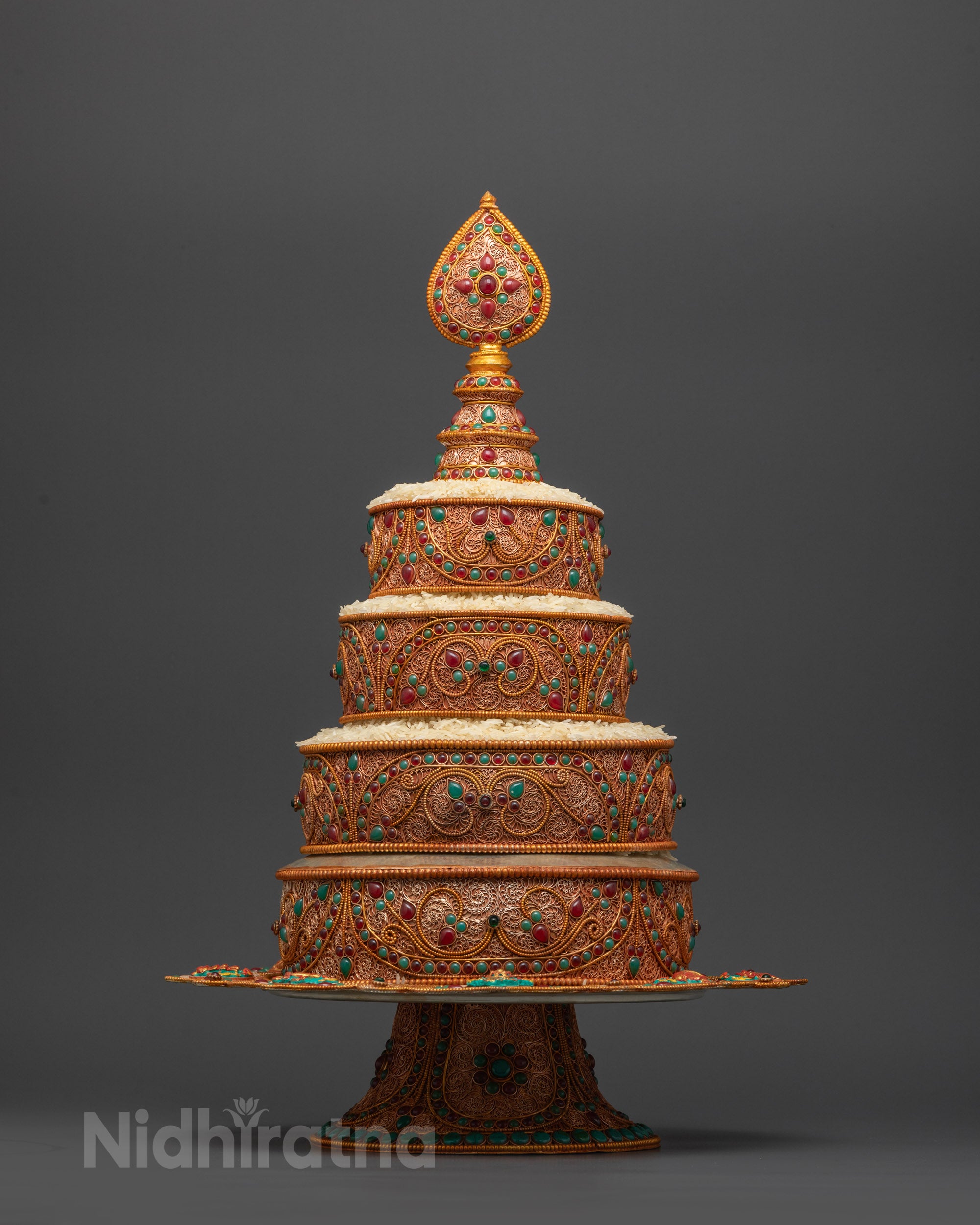 Tibetan Ratna Mandala 8" handcrafted copper with ruby, turquoise, and emerald stones