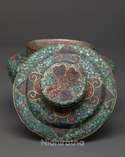 Tibetan Rice Pot Offering – Copper Ritual Vessel with Sacred Gemstones