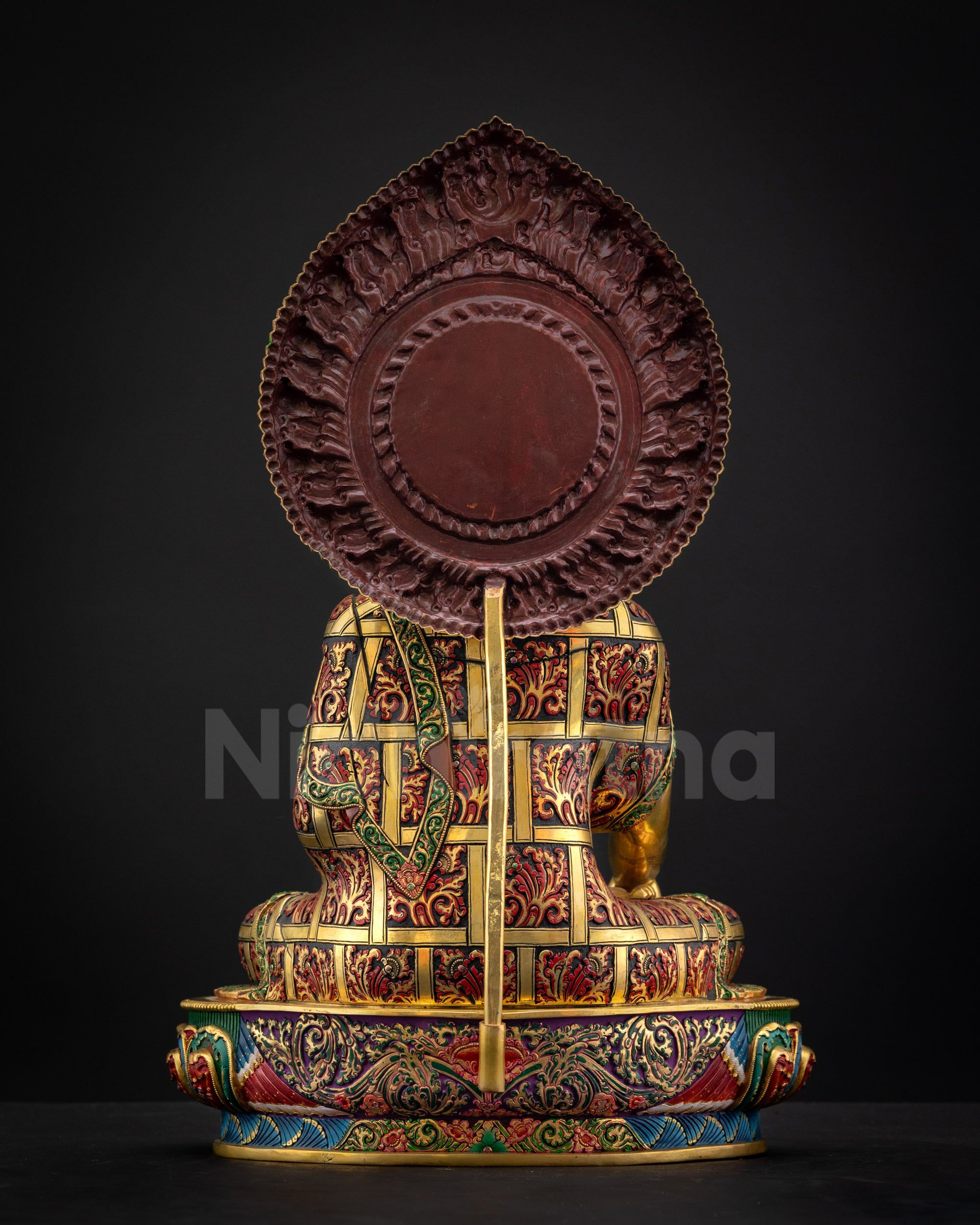 Back view of Shakyamuni Buddha Statue showing detailed robe patterns and hand-painted halo craftsmanship