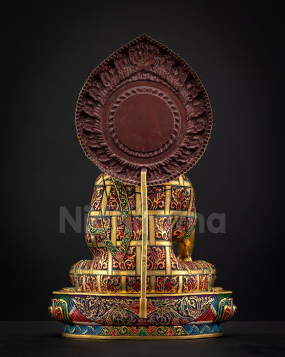 Back view of Shakyamuni Buddha Statue showing detailed robe patterns and hand-painted halo craftsmanship