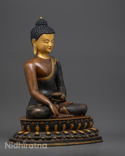 Intricately Carved Gold-Plated Robe on Oxidized Copper Buddha Statue