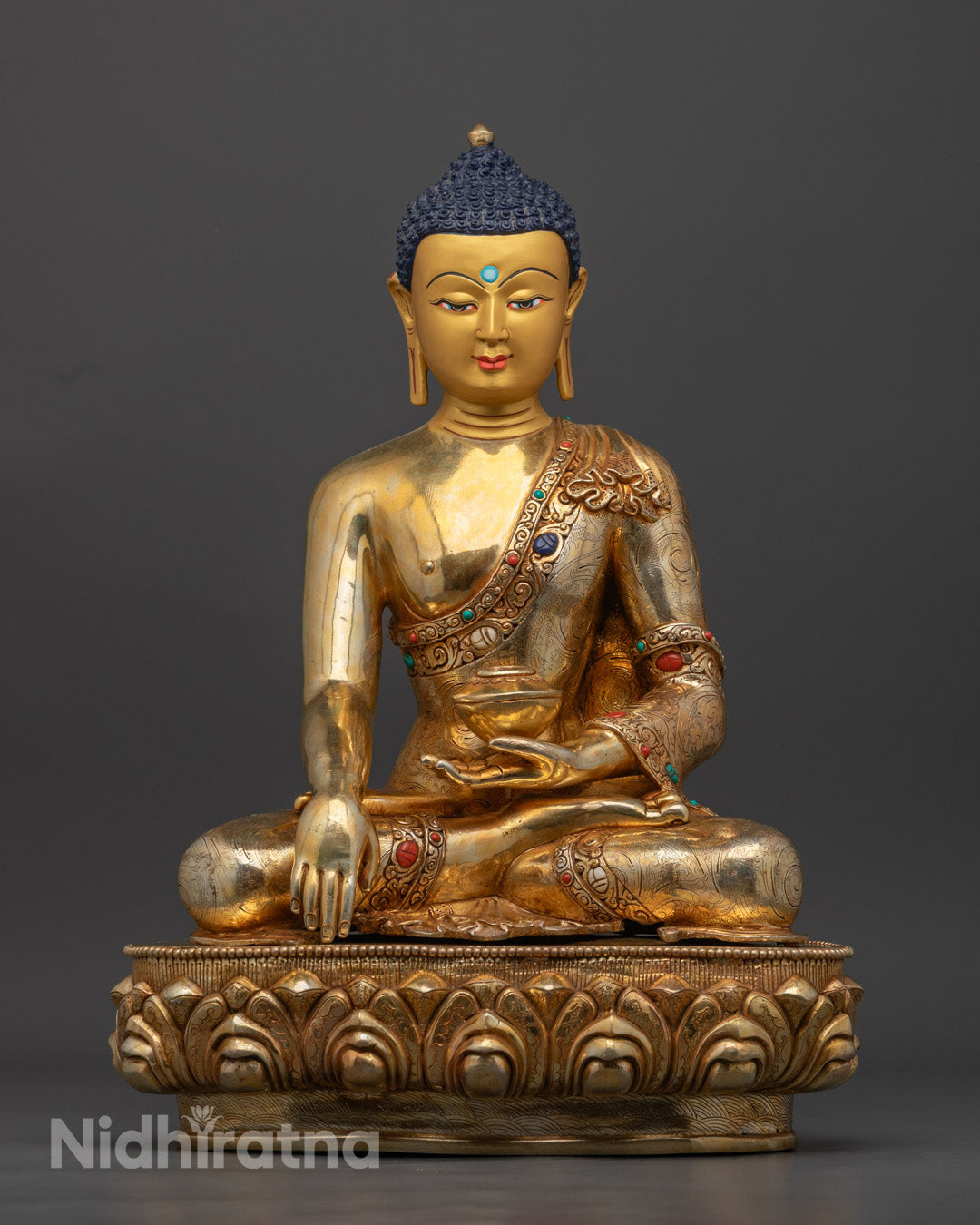 Tibetan Shakyamuni Buddha with Disciples adorned with semi-precious stones