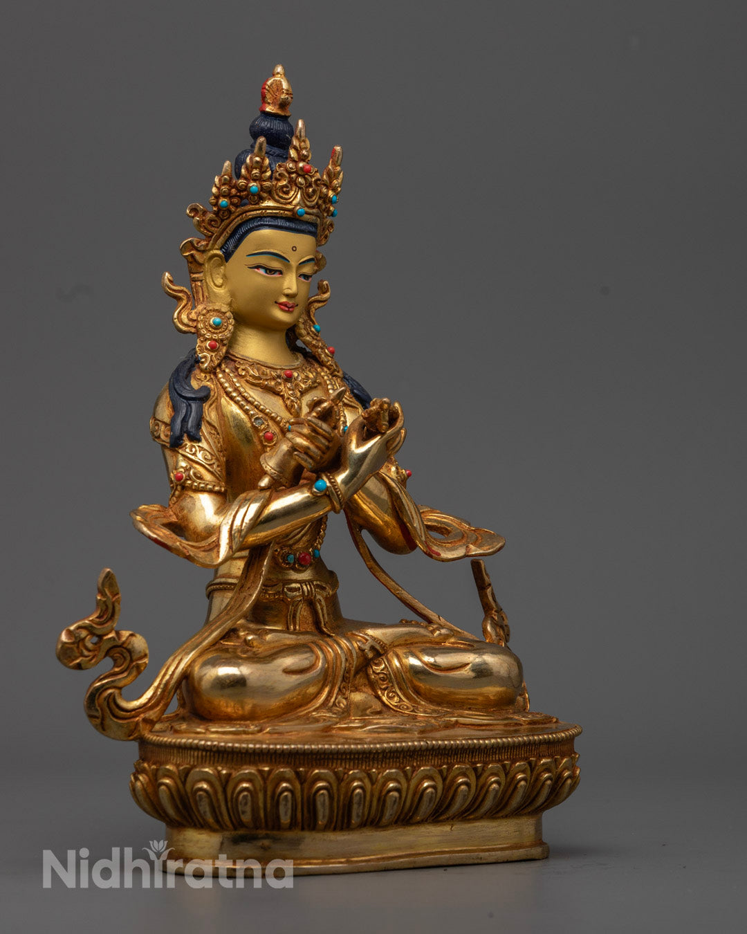 Tibetan Vajradhara Statue – 24K Gold-Plated &amp; Semi-Precious Stones