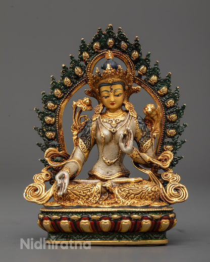 Tibetan White Tara Goddess Statue with gold-plated face and electroplated gold-gilded body featuring intricate carvings and vibrant acrylic colors
