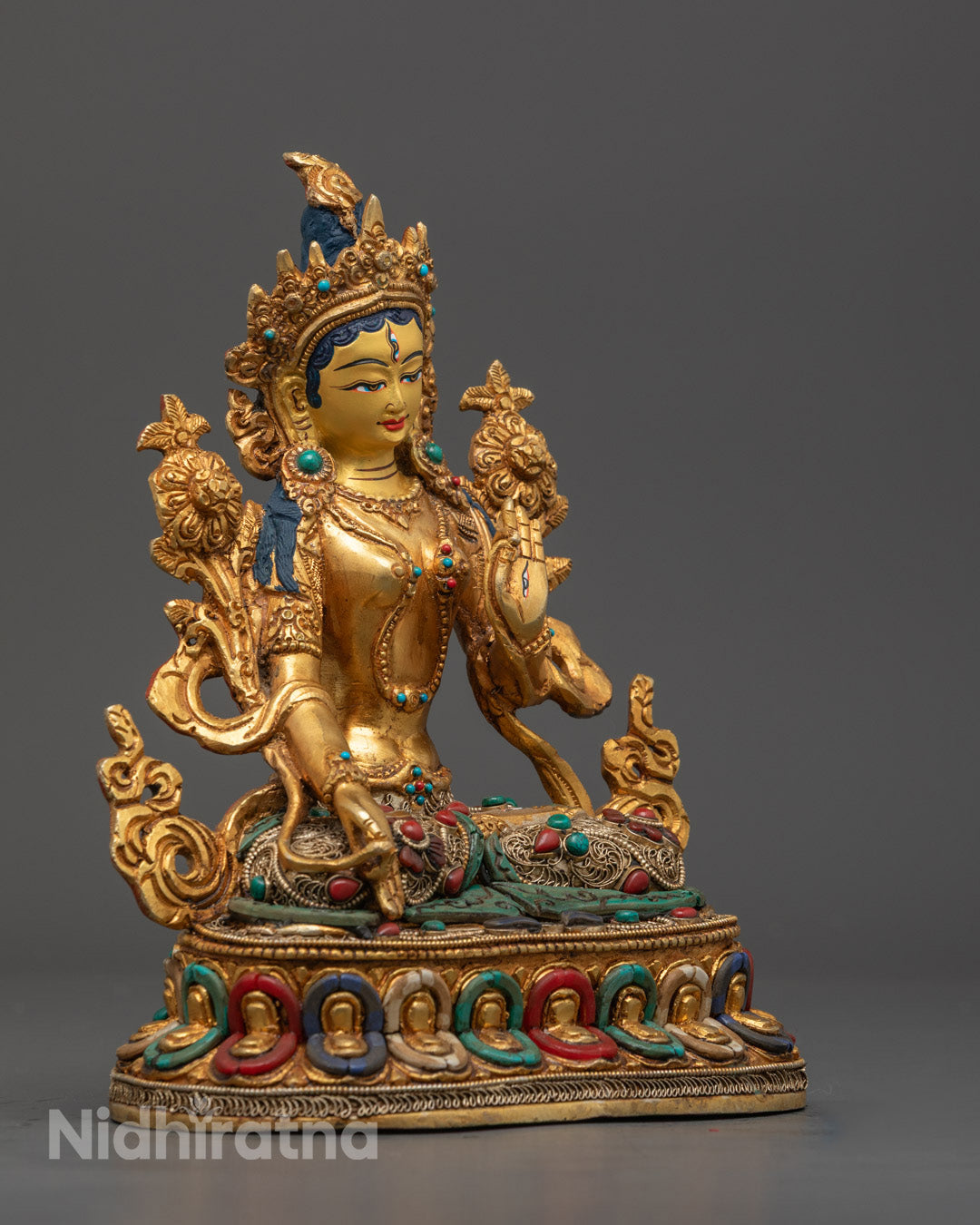 Tibetan White Tara Sculpture Seated in Meditation Pose – Copper Body with Acrylic Paint and Gemstone Inlay

