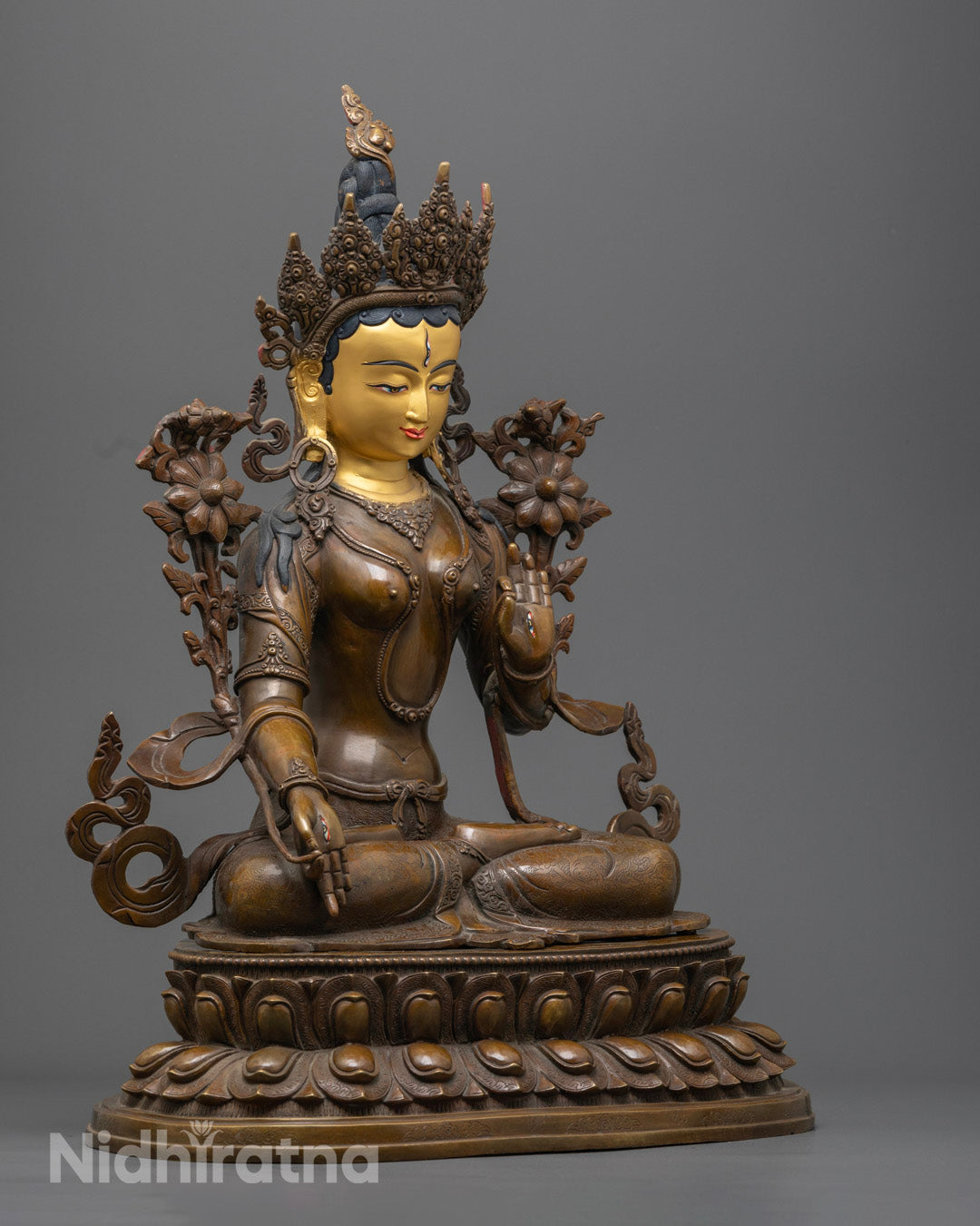 Tibetan White Tara deity statue in oxidized copper – add serenity and compassion to your sacred space