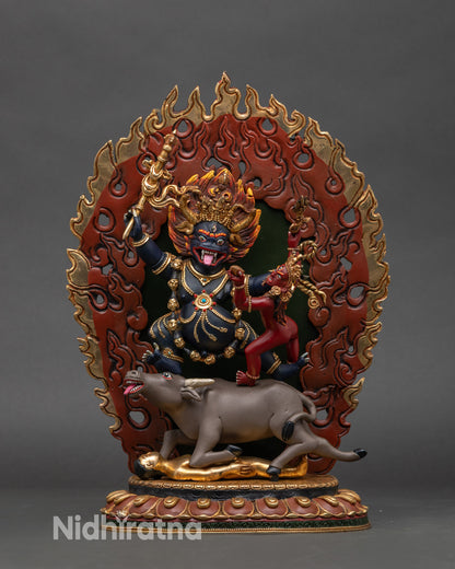 Tibetan Yamantaka union statue on buffalo, gold-gilded wrathful Buddhist deity