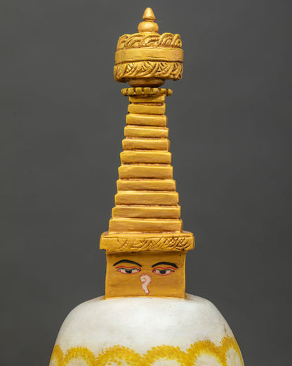 Top view of Boudhanath Stupa showing dome and harmika Buddha eyes