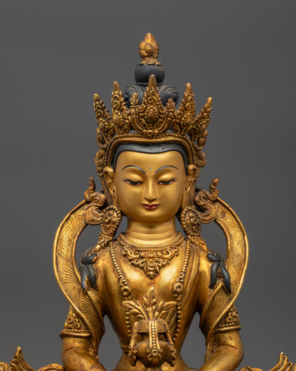 Top view Amitayus holding nectar vase with gold fire-gilded body and lotus seat