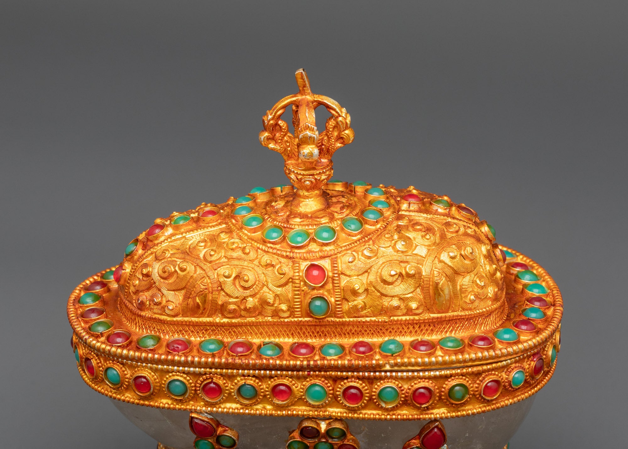 Top view Crystal Kapala with gold-plated lid for Vajrayana rituals and meditation altars