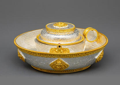 Top view auspicious offering plate with gold-plated Ashtamangala symbols