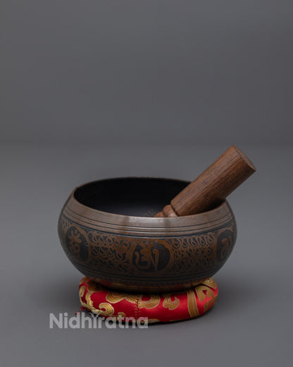 Top view of Nepalese singing bowl with smooth hammered surface for sound therapy