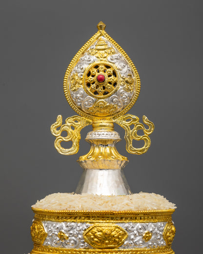 Top view of Tibetan Mandala set with gold-plated wisdom wheel and copper 