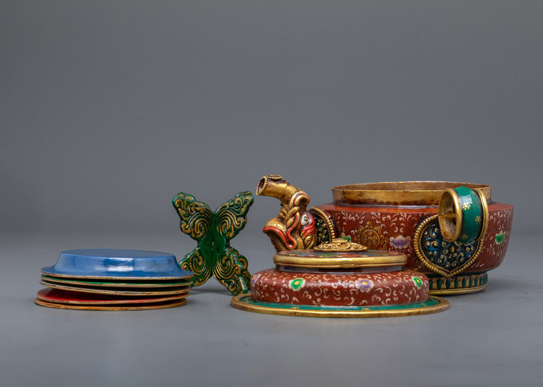 Top view of copper teakettle used in Buddhist rituals and meditation practices