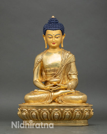 Traditional Amida Nyorai Buddha statue seated on lotus pedestal, handcrafted Nepalese art