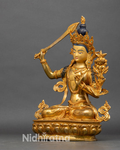 Traditional Manjushri wisdom sculpture on lotus seat, handcrafted in Patan Nepal