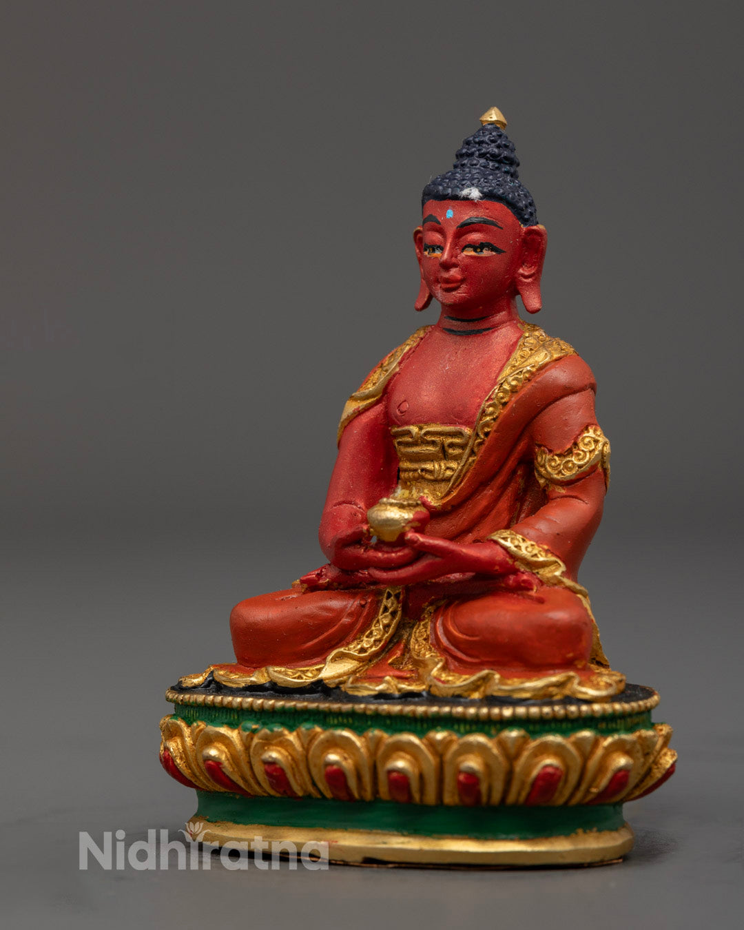 Traditional Nepalese Amitabha Buddha Sculpture made with copper and electroplated red acrylic paint