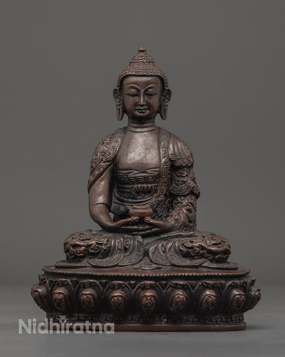 Traditional Nepalese artisan handcrafting the Three Buddha Statue Set using the ancient lost wax technique, showcasing meticulous carving and finishing.