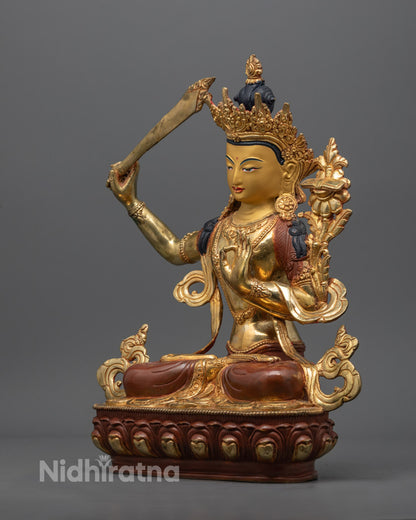 Traditional Nepali Manjushri Sculpture adorned with semi-precious stones and intricate carvings
