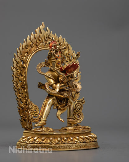 Traditional Tibetan Buddhist Chakrasamvara statue seated on lotus throne with symbolic elements