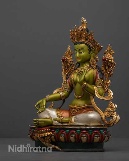 Traditional Tibetan Green Tara statue with auspicious mantras section