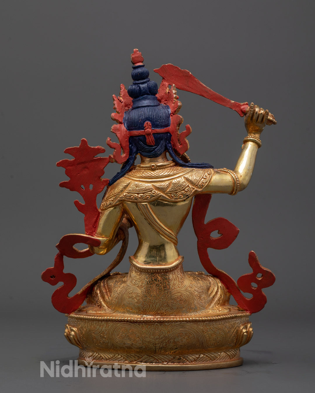 Traditional Tibetan Manjushri sculpture, crafted by Patan artisan, back view showing craftsmanship