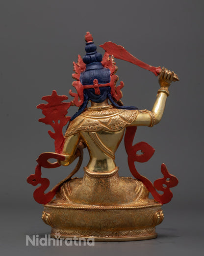 Traditional Tibetan Manjushri sculpture, crafted by Patan artisan, back view showing craftsmanship
