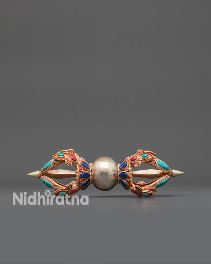 Traditional Tibetan Vajra with turquoise, coral, and lapis inlays for meditation