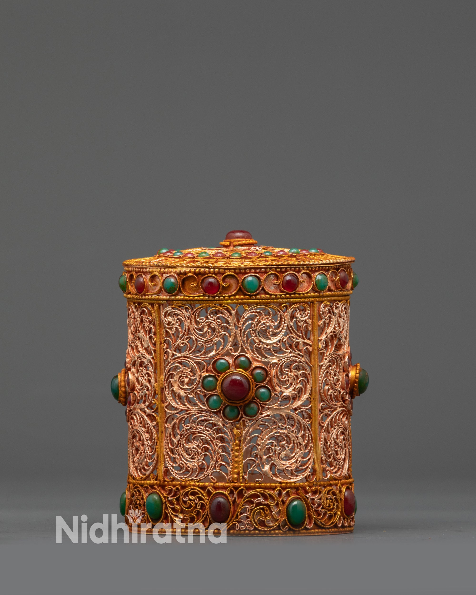 Front view Treasure Jewelry Box with copper and gold-plated filigree design