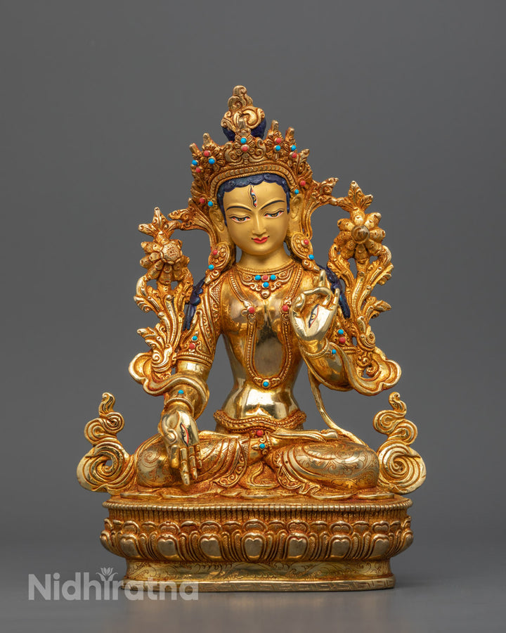 Traditional White Tara Statue | 24K Gold-Plated Goddess