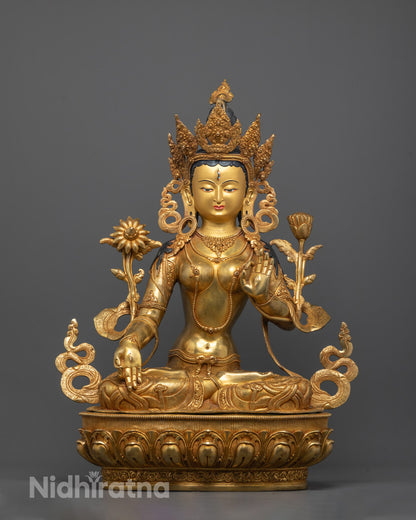 Traditional White Tara statue, front view. Handmade, gold-gilded goddess for healing & longevity.