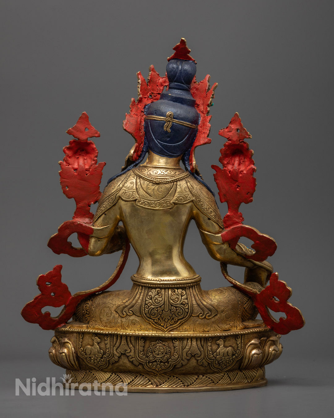 Traditional lost wax method crafted Green Tara Statue, beautifully colored with vibrant acrylic paints, perfect for meditation.