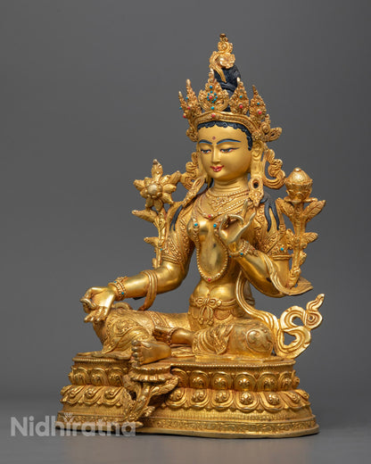 Traditional lost wax method crafted Green Tara Statue, beautifully colored with acrylic paints, ready for meditation.