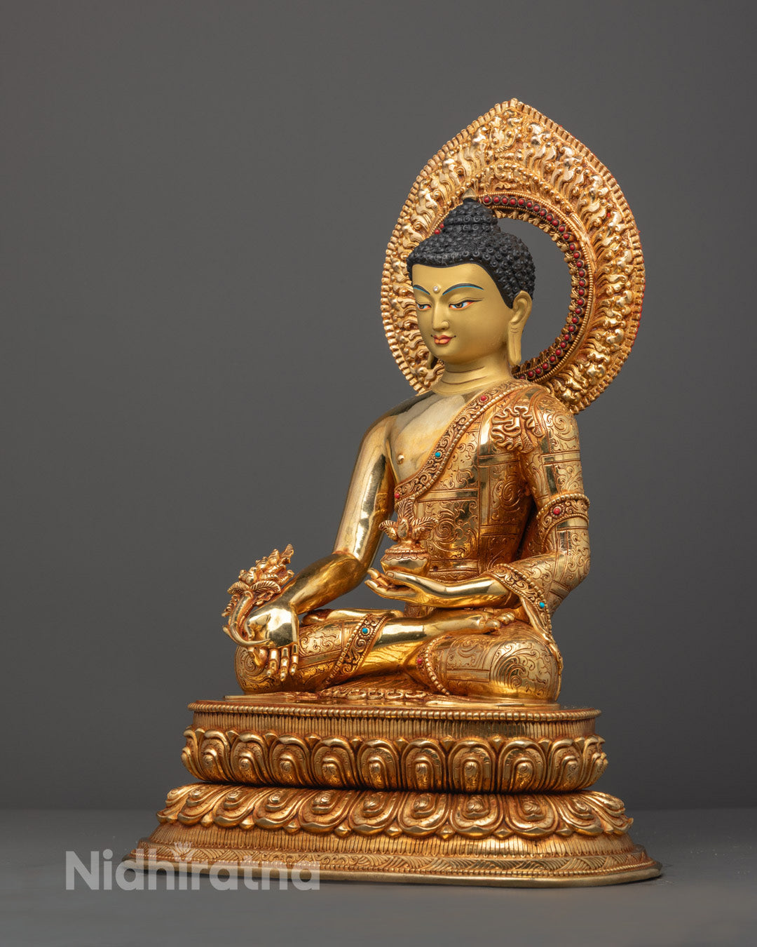 Traditional lost wax method handcrafted Medicine Buddha Statue showcasing detailed artistry.