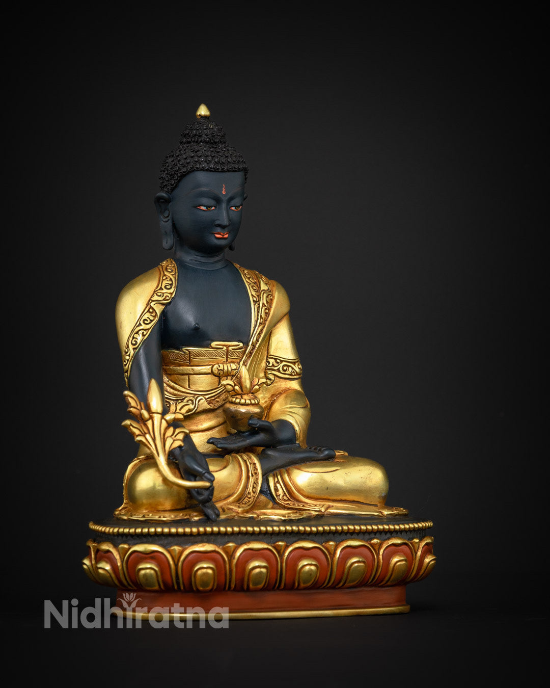 Traditionally Hand-Carved Medicine Buddha Statue with 24k Gold-Gilded Copper