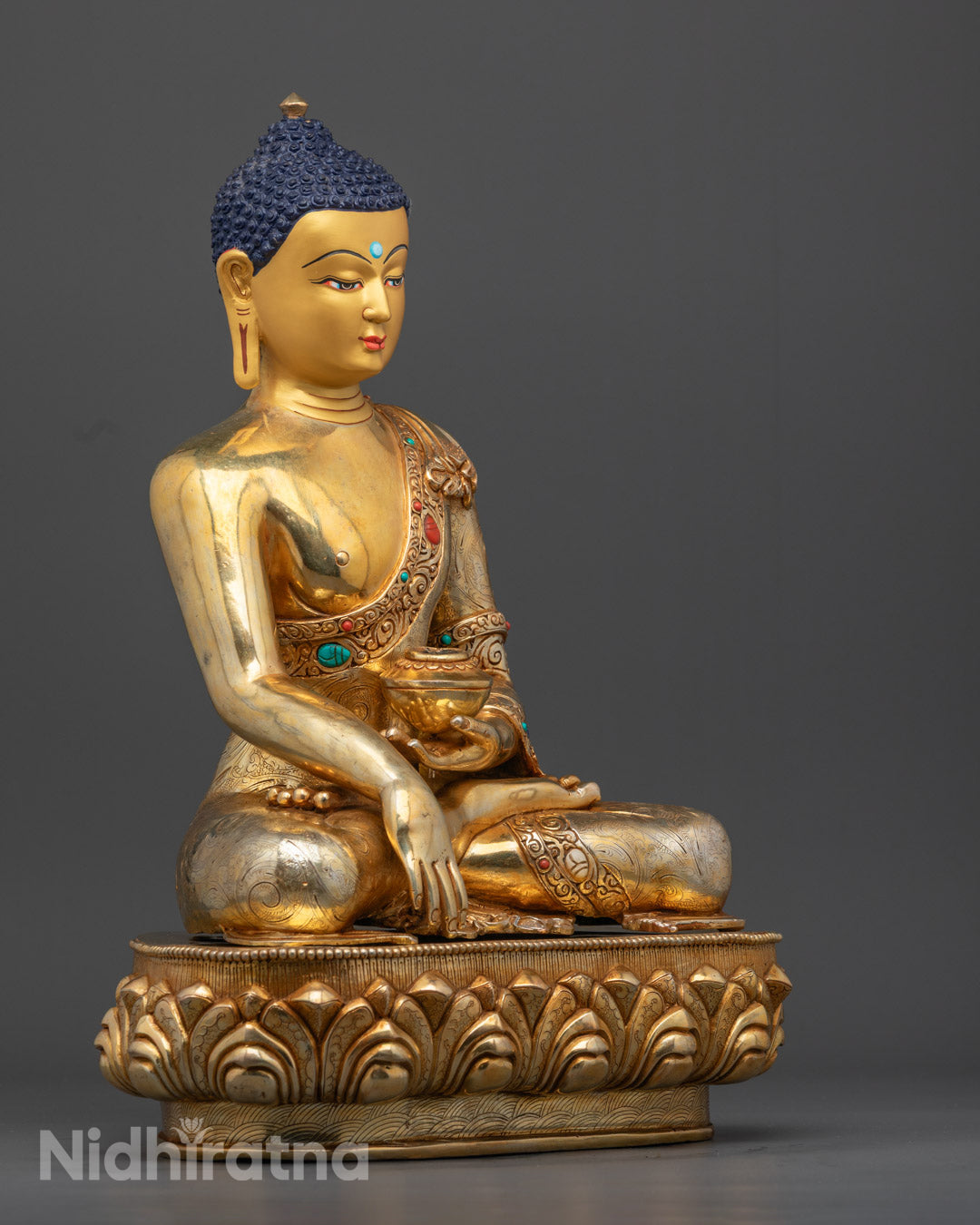Traditionally Hand-carved Nepalese Shakyamuni Buddha Statue with Gold-gilded Face