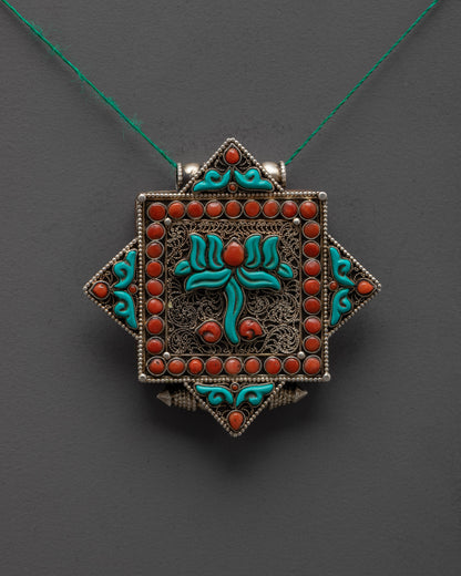 Traditionally Hand-carved Silver Lotus Design Locket with Precious Stones