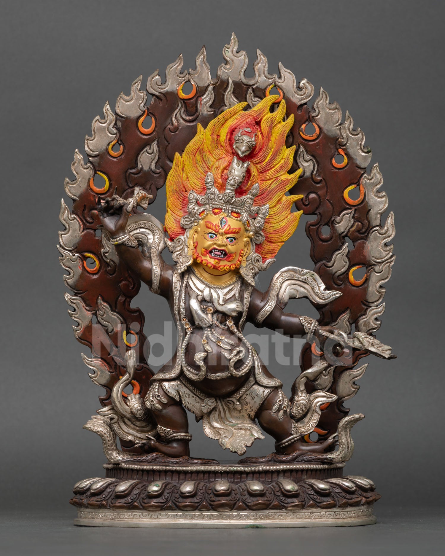 Trakpo Sumtril oxidized copper statue Nepal, wrathful Vajrayana protector sculpture