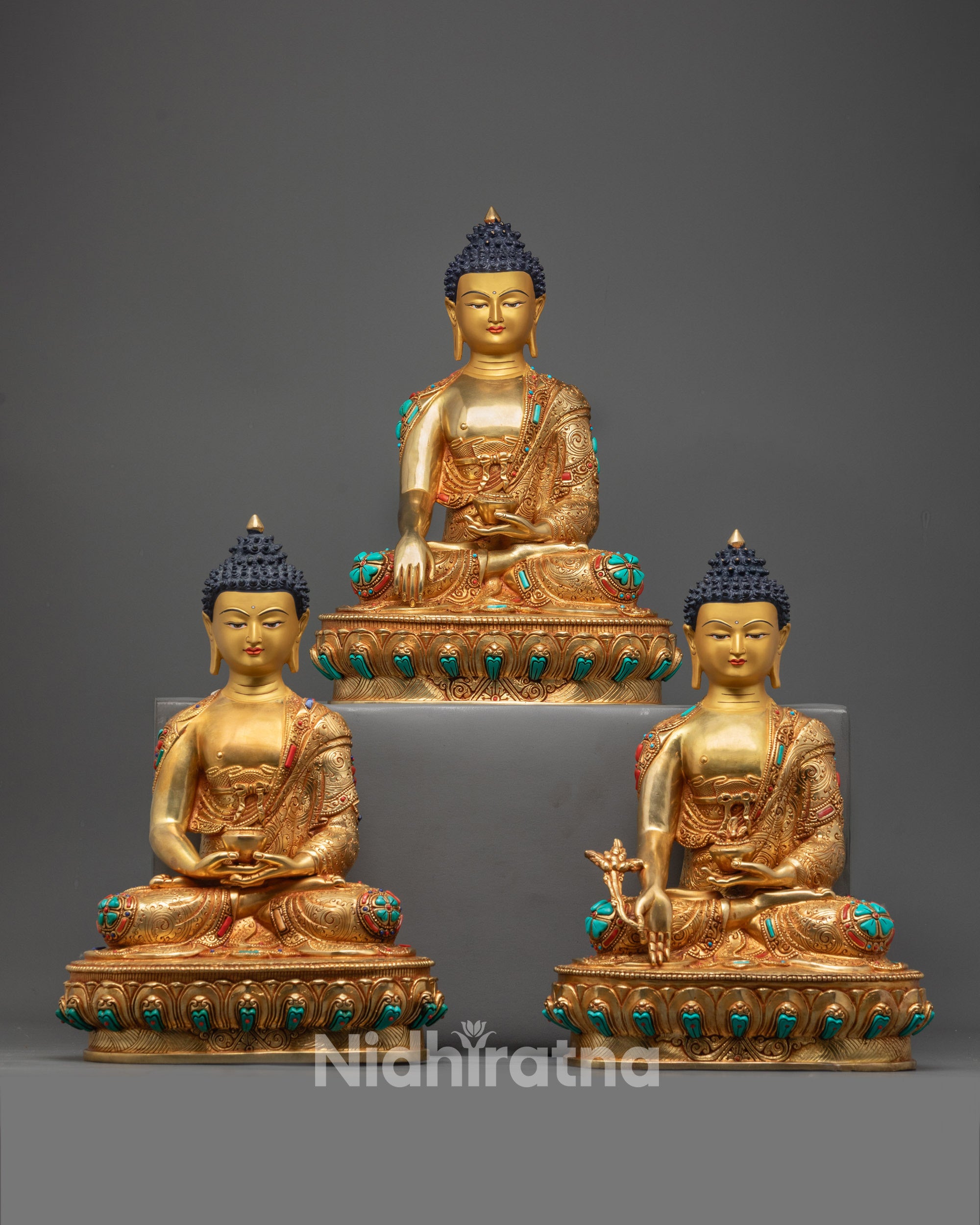Trio Buddha statues gold-gilded faces on copper base