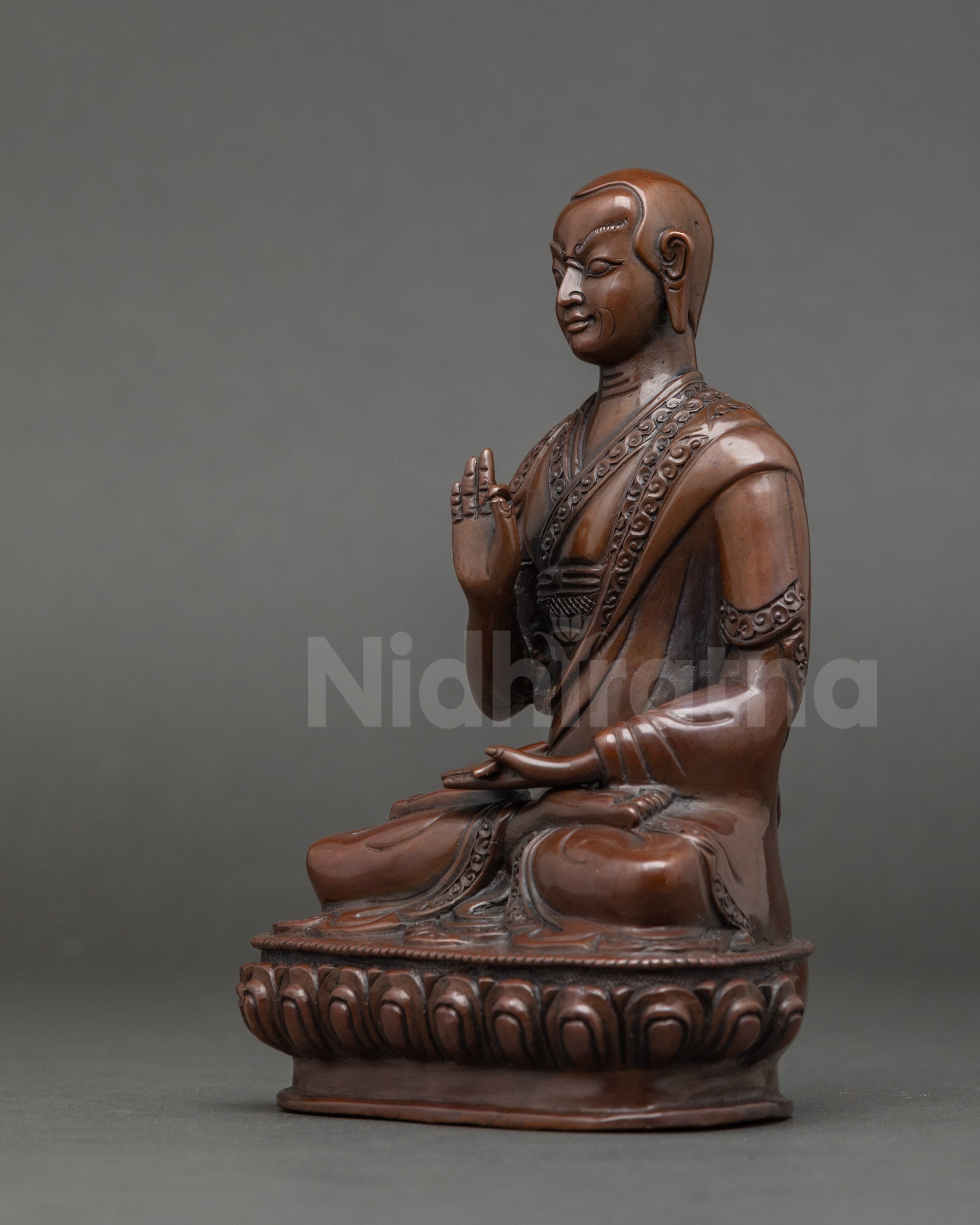 Trio set of Je Tsongkhapa and disciples, oxidized copper Buddhist altar statues