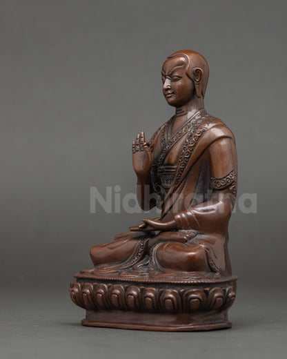 Trio set of Je Tsongkhapa and disciples, oxidized copper Buddhist altar statues
